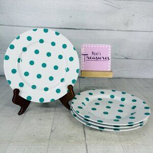 Isaac Mizahi DOT LUXE Green Teal Polka Dot White Porcelain 8" Salad Plates Set 4